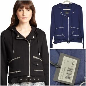 The Kooples Hooded Zip Up Biker Jacke Size Small in Navy Blue